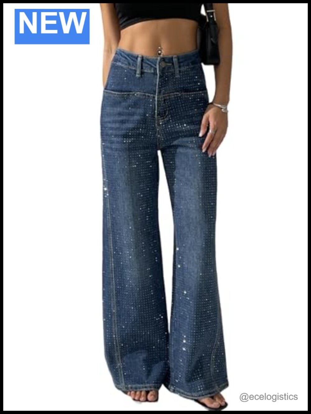 Rhinestone Sequin Wide Leg Flare Jeans High Waist Sparkly Y2K Denim Pants